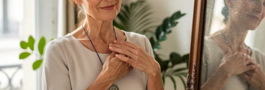 Femme admirant son collier à motifs géométriques dans un miroir avec expression confiante