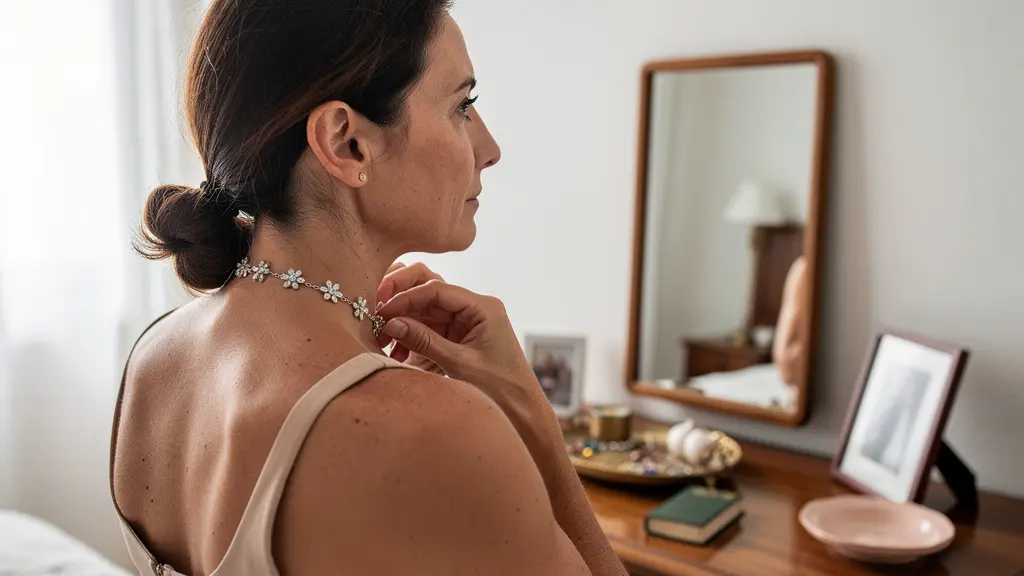 Femme essayant un collier à motifs avec expression pensive devant miroir